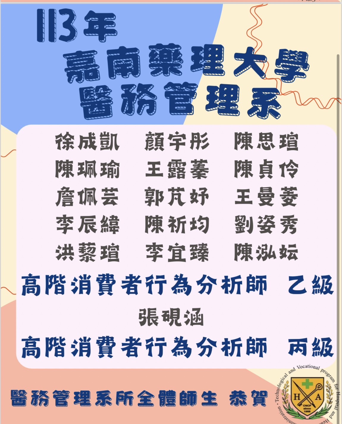 恭賀！！嘉藥醫管系 徐成凱等同學通過高階消費者行析師