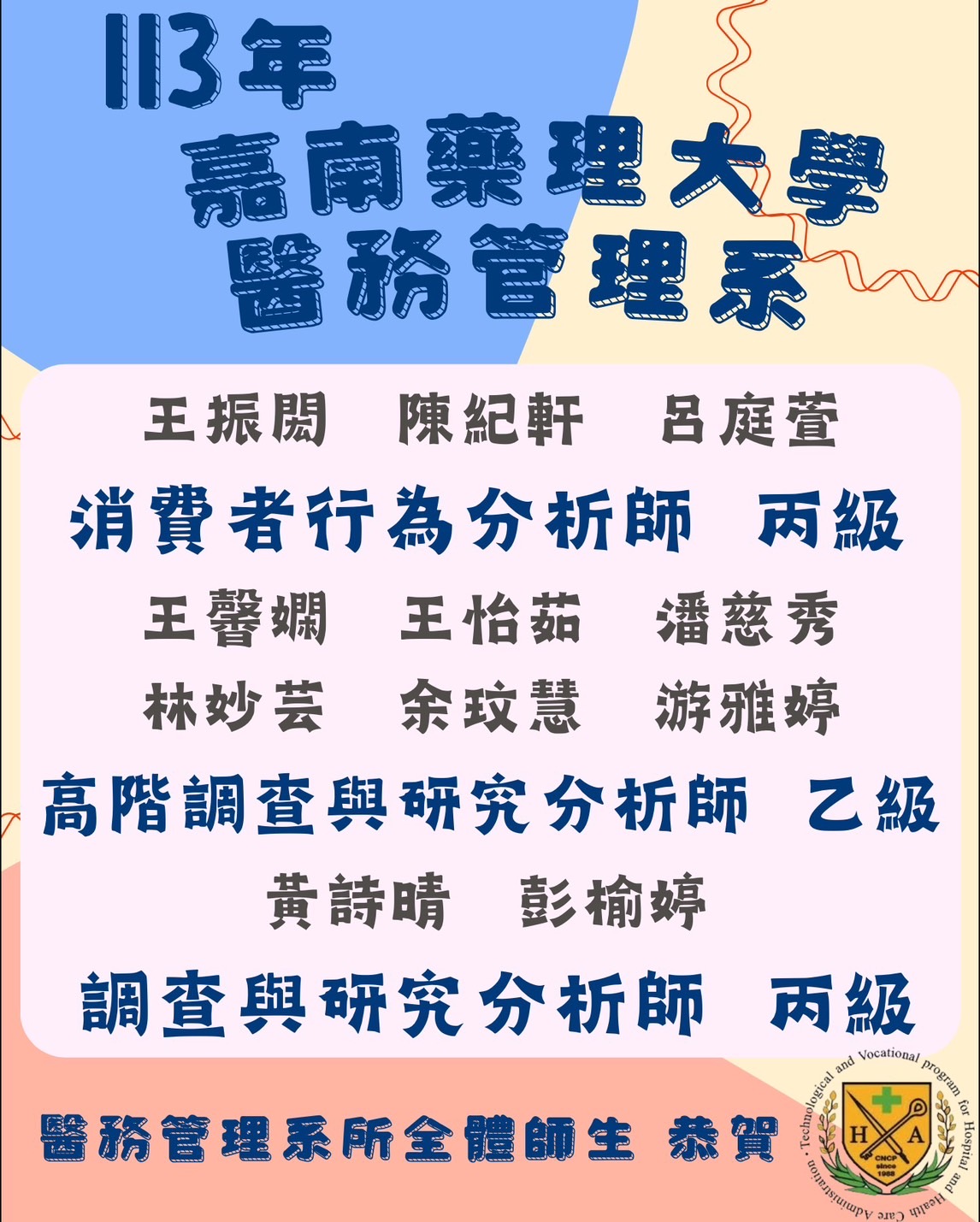 恭賀！！嘉藥醫管系 徐成凱等同學通過高階消費者行析師